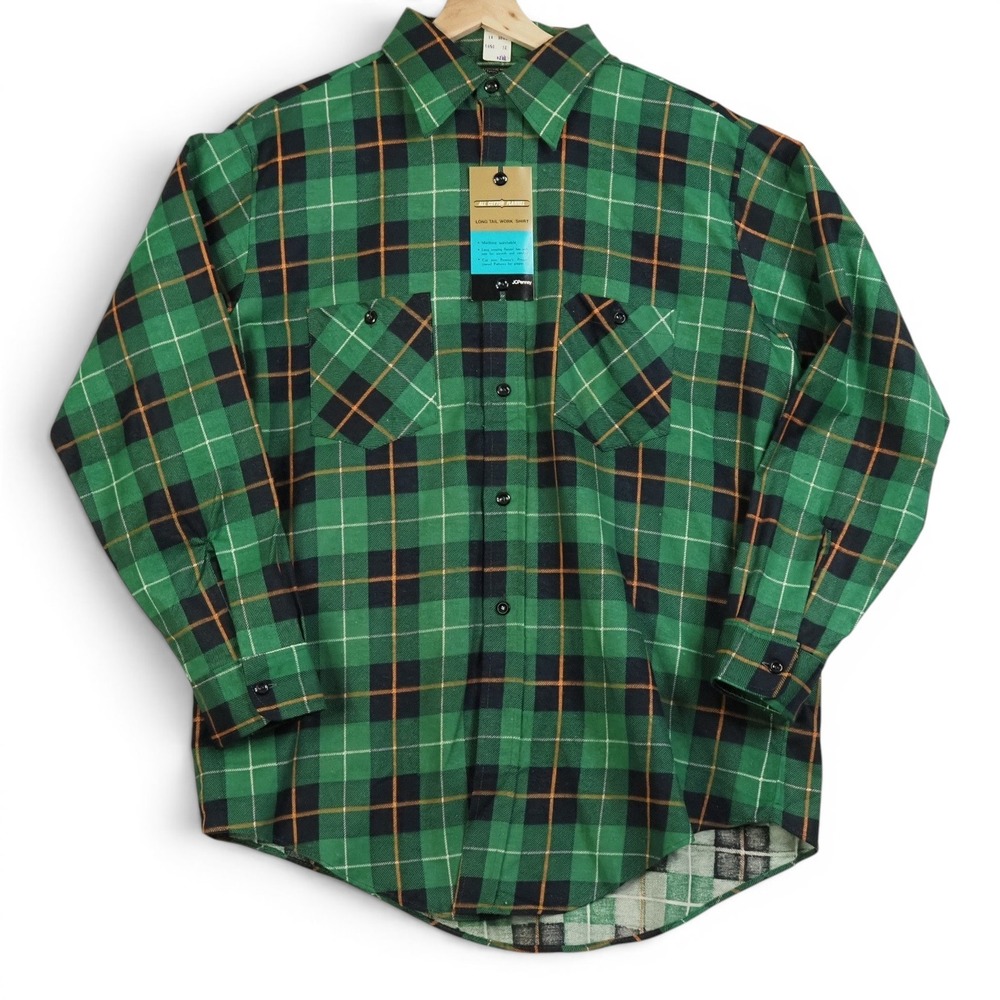70s JCPenney Mens‎ Flannel Shirt L Deadstock Green Cotton NWT Vintage *FLAW*